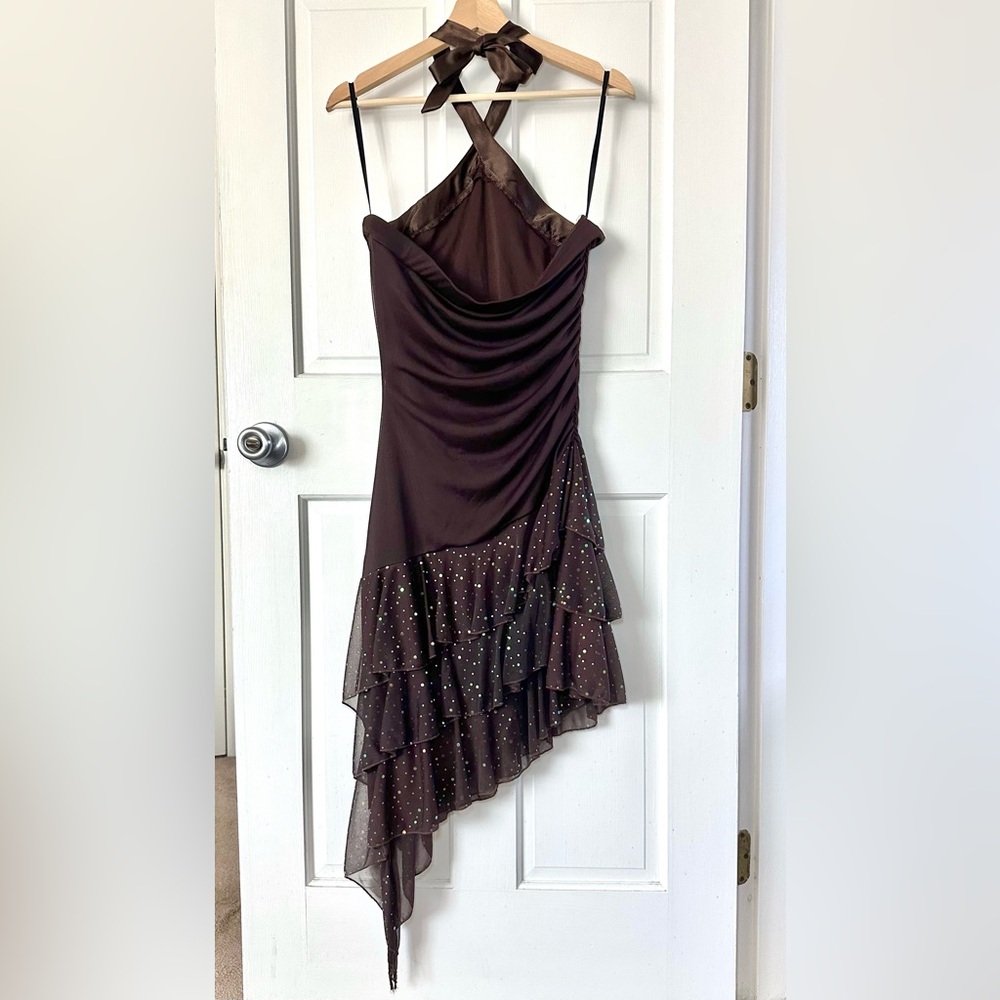 Vintage 90s A. Byer Brown Halter Dress Asymmetrical Sequin Tiered Flutter Size L - Picture 4 of 15
